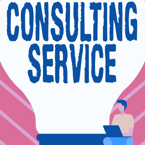Sign displaying Consulting Service. Concept meaning Experts that offers knowledge to a third party for a fee Gentleman Sitting And Using Laptop Beside A Large Light Bulb. - Photo, Image