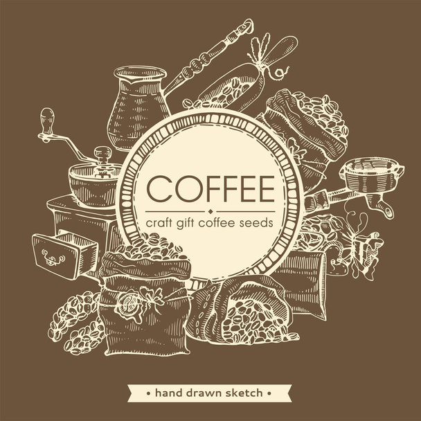 Nasiona kawy. Ekspres do kawy, prezenty i narzędzia. Ręcznie rysowany szkic, ilustracja wektora. - Wektor, obraz