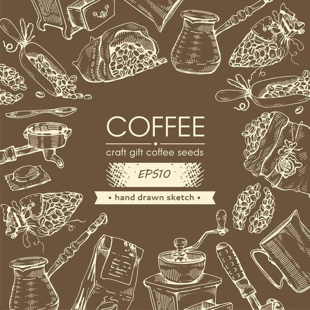 Bild von Kaffeebohnen und Werkzeugen. Kaffeemaschine, Geschenk. Handgezeichnete Skizze, Vektorillustration. - Vektor, Bild