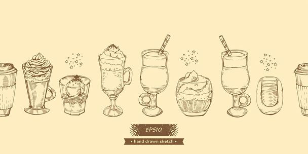 Handgezeichnete Bilder von Kaffeegetränken und Desserts. Vektorillustration. - Vektor, Bild
