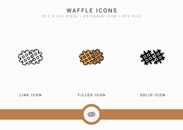 Waffle simgeleri vektör illüstrasyonunu katı simge çizgisi tarzında ayarlar. Kurabiye kek konsepti. Web tasarımı, kullanıcı arayüzü ve mobil uygulama için izole edilmiş arkaplan üzerinde düzenlenebilir vuruş simgesi - Vektör, Görsel