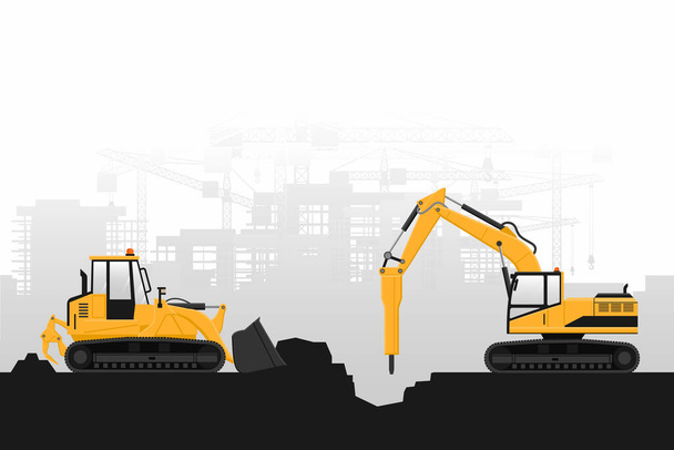 Предпосылки / контекст with construction work and heavy machinery of crawler loader and hammer excavator with gray background - Вектор,изображение