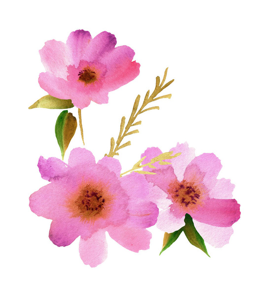 Vesiväri vaaleanpunainen kukka kukkakimppu. Käsin maalattu kuva - Valokuva, kuva