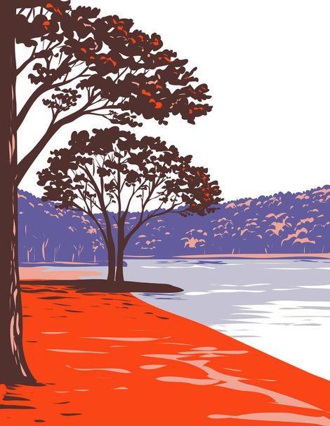 WPA juliste taidetta Mousetail Landing State Park sijaitsee itärannalla Tennessee River Perry County, Tennessee lähellä Linden, Yhdysvallat tehnyt teoksia projektin hallinnon tyyliin - Vektori, kuva