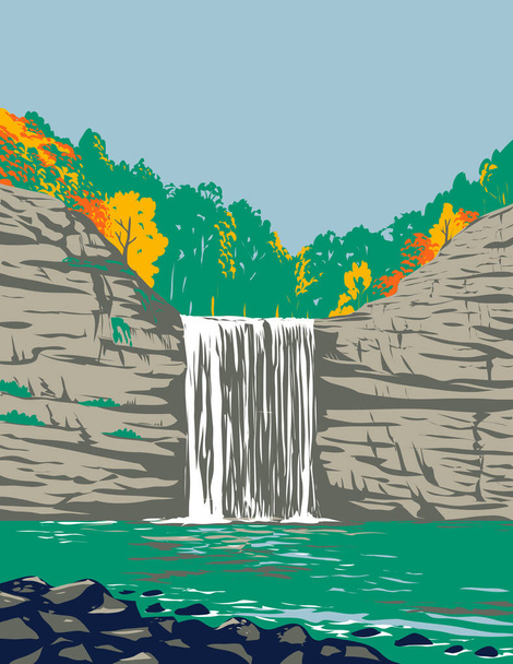 WPA plakat sztuki Fall Creek Falls State Resort Park na górnym wąwozie Cane Creek w Van Buren i hrabstwach Bledsoe Tennessee, Stany Zjednoczone Ameryki wykonane w stylu zarządzania projektem prac - Wektor, obraz