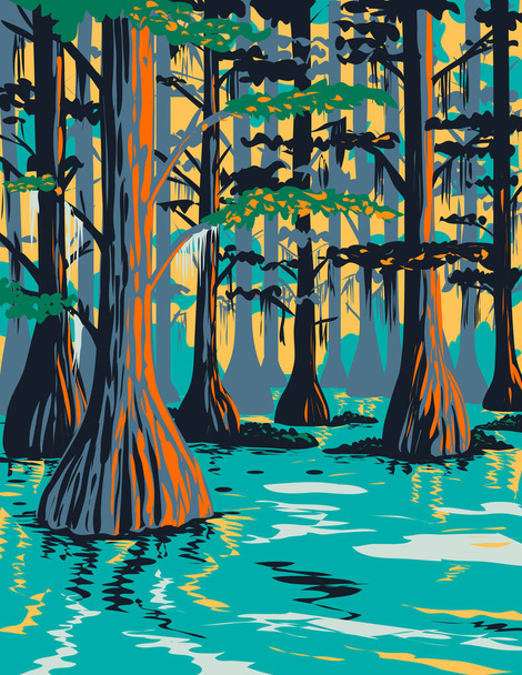 WPA Plakatkunst des Caddo Lake State Park mit kahlen Zypressen am See und Bayou in Harrison und Marion County East Texas, Vereinigte Staaten von Amerika USA im Stil der Projektverwaltung - Vektor, Bild