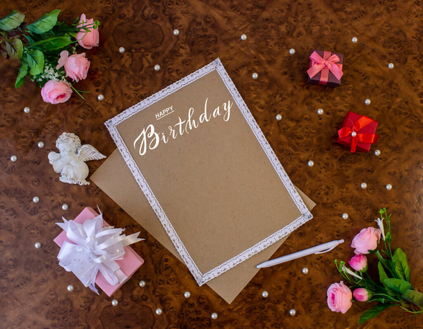 postcard , Internet banner , flat lay with a birthday greeting, with the inscription - happy birthday - Foto, imagen