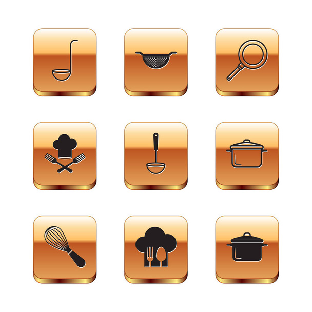 Set Cuchara de cocina, batidor, sombrero de chef con tenedor y cuchara, sartén, olla de cocina e icono de colador. Vector - Vector, Imagen