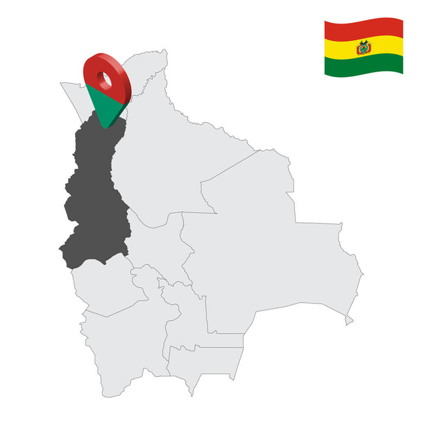 Ubicación La Paz departamento en el mapa Bolivia. señal de ubicación 3d similar a la bandera de La Paz. Mapa de calidad con Departamentos de Bolivia para su diseño. EPS10 - Vector, imagen