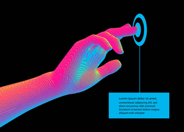 The hand presses the index finger on the button a virtual interface.  Technologies of the future. Connection structure. 3D vector illustration for science, technology or education. - Vektori, kuva