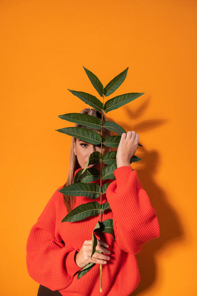 A Spanish girl in a bright sweater hiding behind a green plant is posing in the orange background - Zdjęcie, obraz