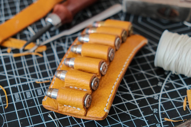 Yellow leather bullet ammo hold with belt leather crafts working - Photo, Image