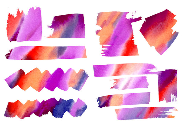 Watercolor artistic freehand drawing set red, orange, purple, pink and violet diagonal stains and splash. Watercolour frame abstract elements on white background. Infographic, manga and catalog - Foto, imagen