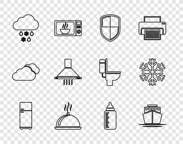 Set line Kühlschrank, Schiff, Schild, mit Tablett mit Lebensmitteln bedeckt, Wolke Schnee und Regen, Dunstabzugshaube, Babyflasche und Schneeflocke Symbol. Vektor - Vektor, Bild