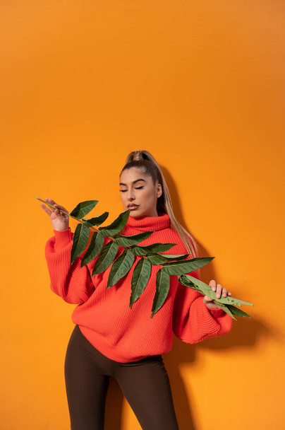 A vertical shot of a young lady in a casual outfit holding a branch with green leaves; an orange background with a copy space - Fotoğraf, Görsel