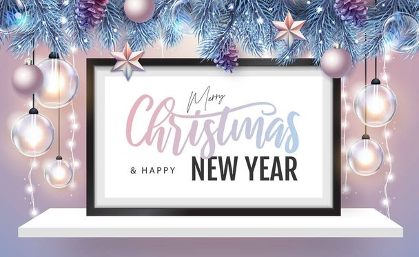 Merry Christmas and happy New Year poster with christmas holiday decorations. Chrisrmas background with string of lights. 3D interior design with black frame on white walll shelf. - Vecteur, image