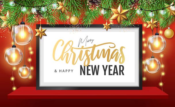 Merry Christmas and happy New Year poster with christmas holiday decorations. Chrisrmas background with string of lights. 3D interior design with black frame on red walll shelf. - Vecteur, image