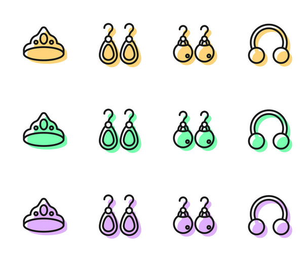 Set line Earrings, King crown, and Piercing icon. Vector - Vector, Image