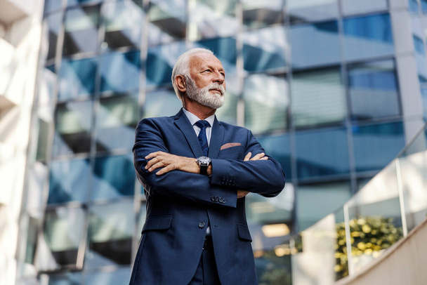 スーツを着た重大な成功したひげそりのシニアビジネスマンは、腕を組んで彼の会社の前に立っていて、新しい課題を待っています。屋外で立っている誇り高いビジネスマン. - 写真・画像