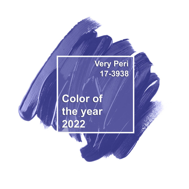 Color of the Year 2022 Very Peri. Sample of textured paint brush stroke isolated on white background. Trendy purple - Photo, Image