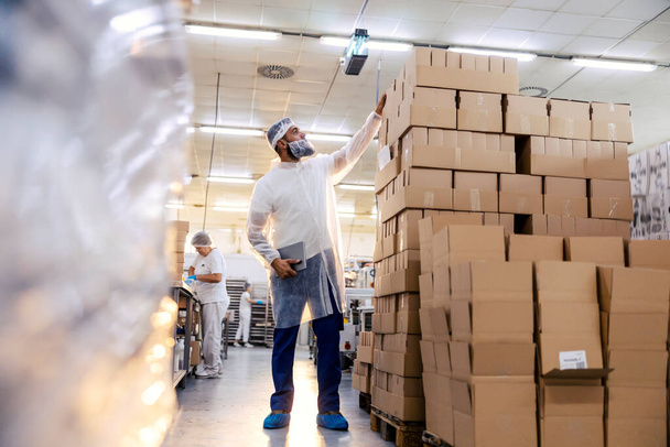 Ein engagierter Inspektor in einer weißen sterilen Uniform steht neben einem Stapel Kisten und zählt sie. Im Hintergrund arbeiten Arbeiter in einer Lebensmittelfabrik. - Foto, Bild