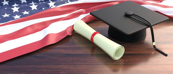 アメリカの教育と研究。アメリカの国旗、大学、大学の卒業証書は木製のオフィスの机の背景に転がります。アメリカの学生卒業生。3Dイラスト - 写真・画像