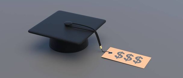 Collegegeld, studielening, studiebeurs. Universiteit afgestudeerd cap met prijskaartje, US dollar teken, grijze achtergrond. Onderwijs budget in de VS. 3d illustratie - Foto, afbeelding