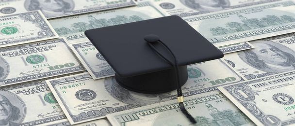 Collegegeld, studielening, studiebeurs in de VS. Universiteit afgestudeerd cap op Amerikaanse dollars geld achtergrond. Onderwijsbudget. 3d illustratie - Foto, afbeelding