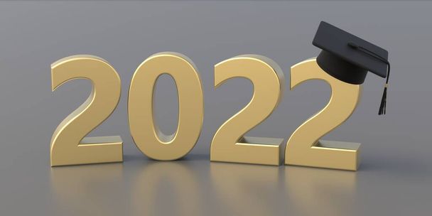 Licenciatura em 2022. Número do ano dourado e tampa de graduação em fundo cinza prata. Liceu, convite para a festa da faculdade, parabéns. ilustração 3d - Foto, Imagem