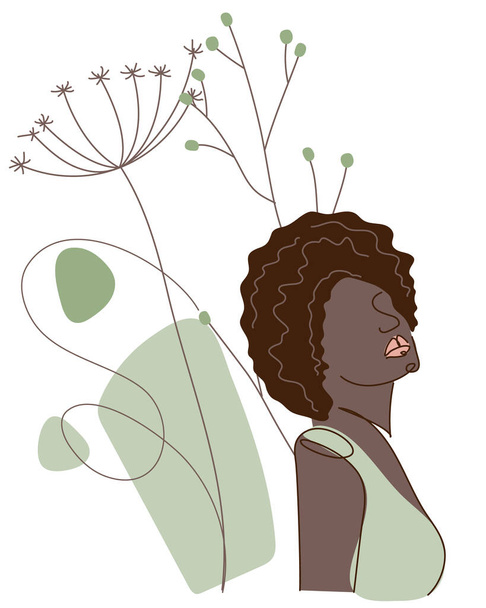 Silueta corporal de mujer de piel negra. Belleza de carácter étnico de África, americano con formas simples e ilustración de vectores de plantas en diseño plano - Vector, imagen