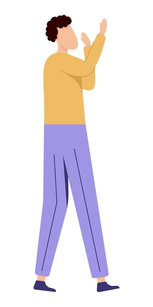 Мужчина с поднятыми руками, нарисованный в плоском стиле, с кудрявыми волосами и яркой одеждой, желтым свитером и фиолетовыми брюками. - Вектор,изображение
