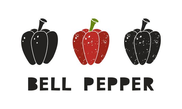 Bell pepper, silhouette icons set with lettering. Imitation of stamp, print with scuffs. Simple black shape and color vector illustration. Hand drawn isolated elements on white background - Vecteur, image