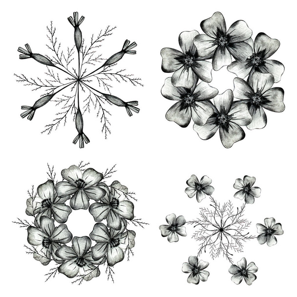 Set di composizioni a cerchio di fiori disegnati a mano. - Vettoriali, immagini