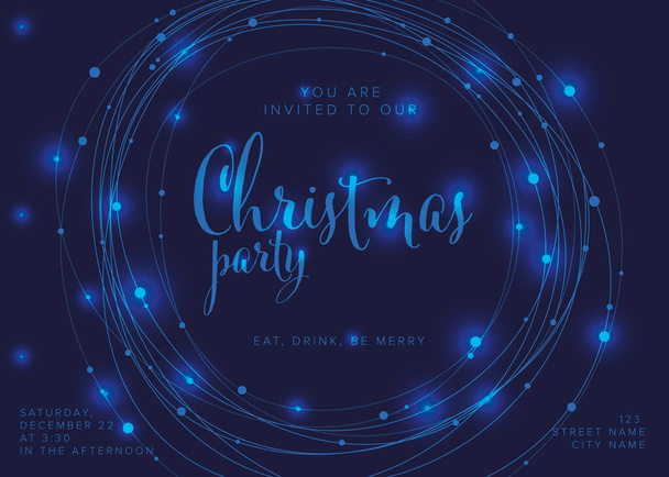 Διάνυσμα Χριστούγεννα κόμμα πρόσκληση εκτύπωσης Α4 πρότυπο με blu φως αλυσίδες στον κύκλο και τον τόπο για τα Χριστούγεννα κόμμα κείμενο πληροφορίες - Διάνυσμα, εικόνα
