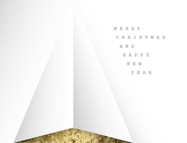 ベクトルホワイトメリークリスマスカード三角形のクリスマスツリーと紙から折り畳まれた黄金の背景とサンプルテキスト - ベクター画像
