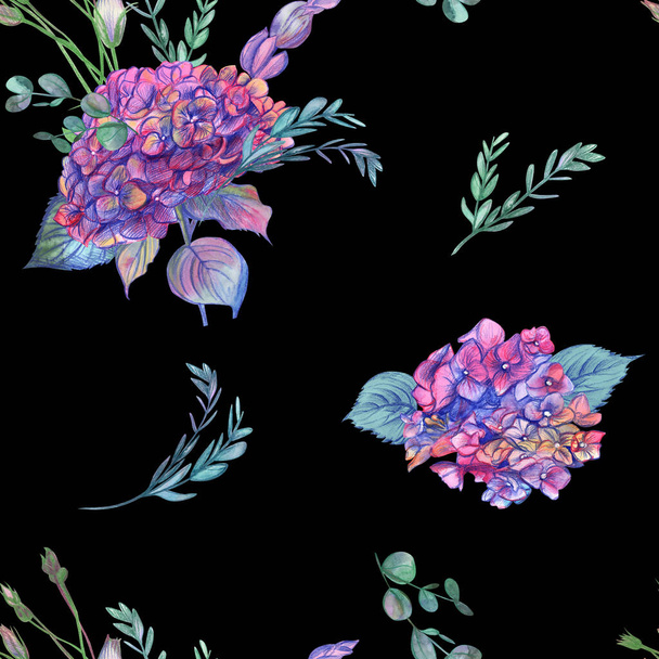 Siyah arka plan üzerine çizilmiş pembe ortanca buketleri ve Eustoma çiçekleri deseni - Fotoğraf, Görsel