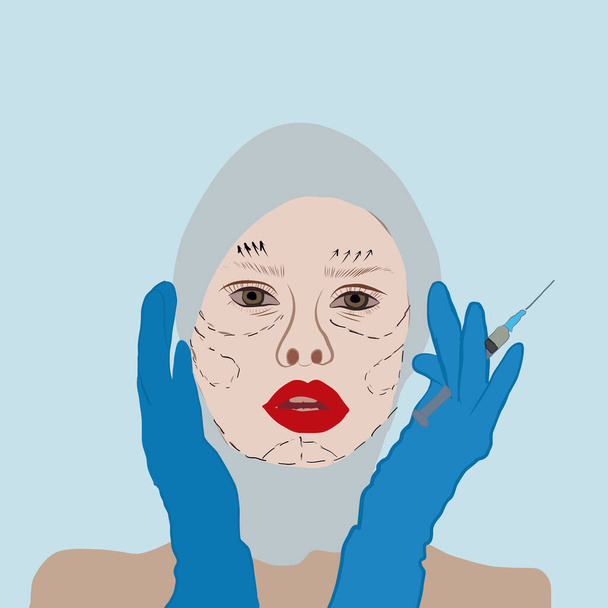 The girl is preparing for botox injections, beauty injections, face markings. - Vector, Image