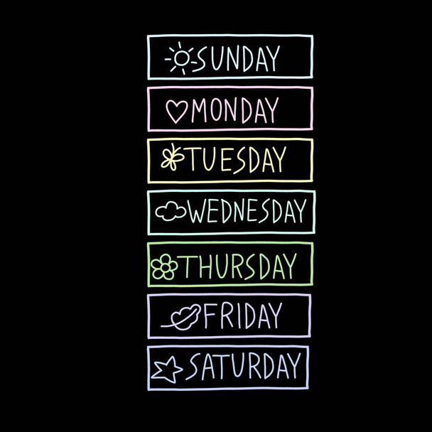days of week from Monday to Sunday tags hand drawn - Vector, Image