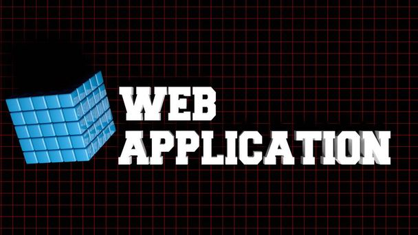 WEB APPLCIATION mit blauem Verbundwürfel auf schwarzem Hintergrund mit rotem Raster - 3D-Darstellung - Foto, Bild