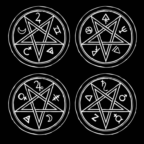 pentagrams with mystical alchemical symbols - Vector, Image