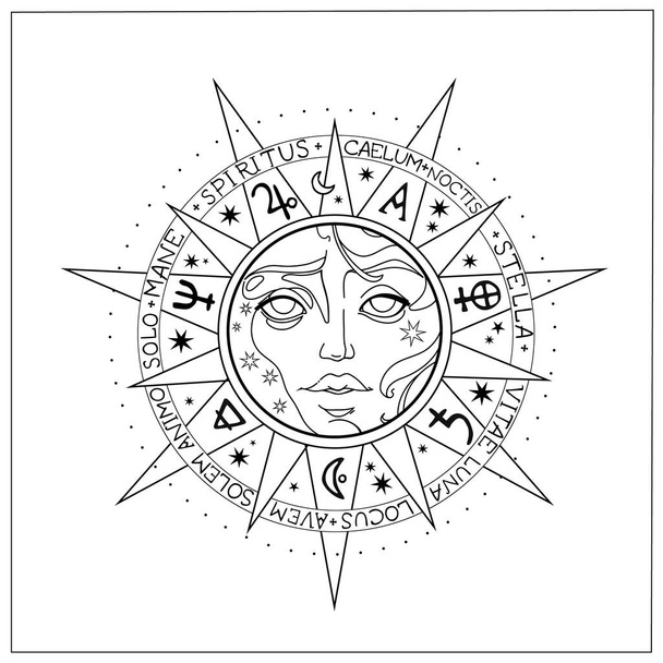 skład alchemiczny symboli i księżyc z twarzą kobiety - Wektor, obraz