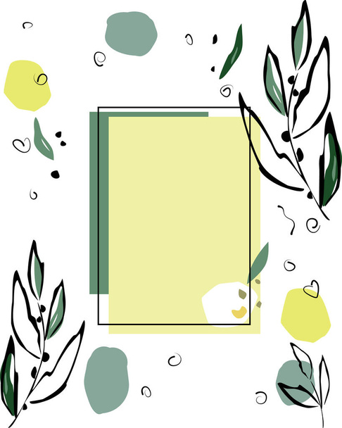 Frame, postcard with drawn abstract olive branches and leaves. Contour of black abstract leaves, colored spots of boisha clippings. Children's doodle drawing vector isolated on white background - Vetor, Imagem