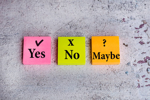 Yes, No and Maybe Words on colorful sticky notes on gray textured background - Foto, Imagen