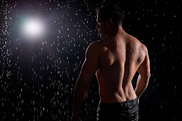 Rear view on sexy muscular athletic man with strong body, showing muscular back - Fotoğraf, Görsel