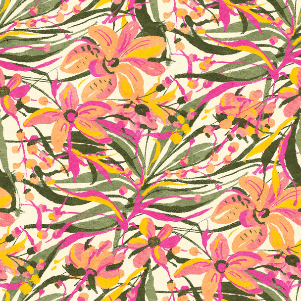 Naadloos patroon met heldere tropische bloemen voor zomerse stoffen. Acrylverf.. Handgetekende illustratie.  - Foto, afbeelding