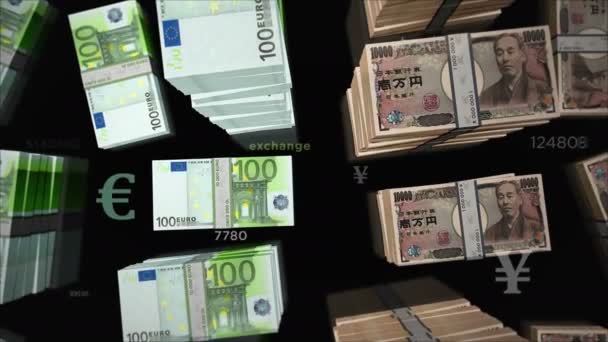 Výměna peněz v eurech a Japonsku. Papírové bankovky balí balík. Pojetí obchodu, ekonomiky, hospodářské soutěže, krize, konfliktů, soupeření a financí. Poznámky smyčka bezešvé 3D animace. - Záběry, video