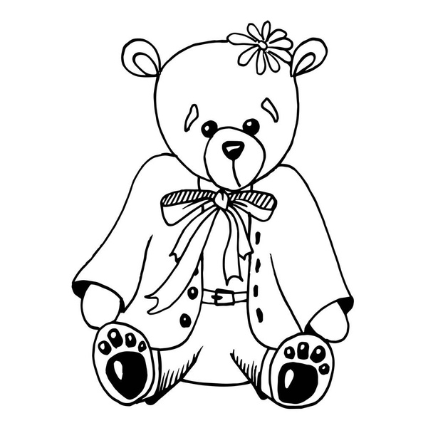 Nettes Baby Bär Puppe Charakter sitzt auf dem Boden isoliert auf weißem Hintergrund. - Vektor, Bild