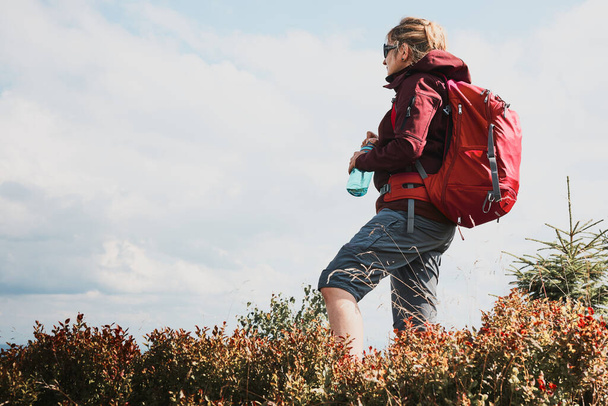 Woman with backpack hiking in mountains, spending summer vacation close to nature. Woman standing on top of hill admiring mountain landscape panorama holding bottle with water - 写真・画像