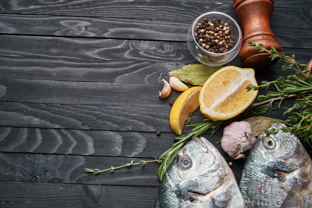 fresh fish ingredients wood board restaurant delicacy - Foto, imagen