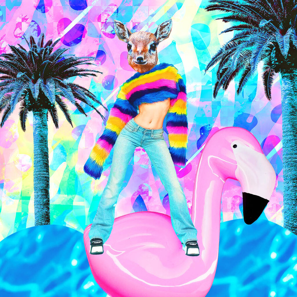 Disco Stars Lama in colorful vacation space. Contemporary art collage. Beach Party, music, vacation concept - Zdjęcie, obraz
